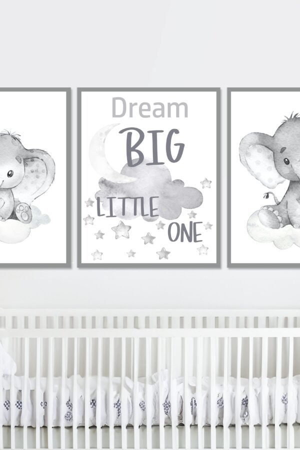 Gender Neutral Nursery Decor Printable Baby Boy Quote Art Elephant Set Of 3 Children Wall Dream Big Little One Digital Pictures Toddler