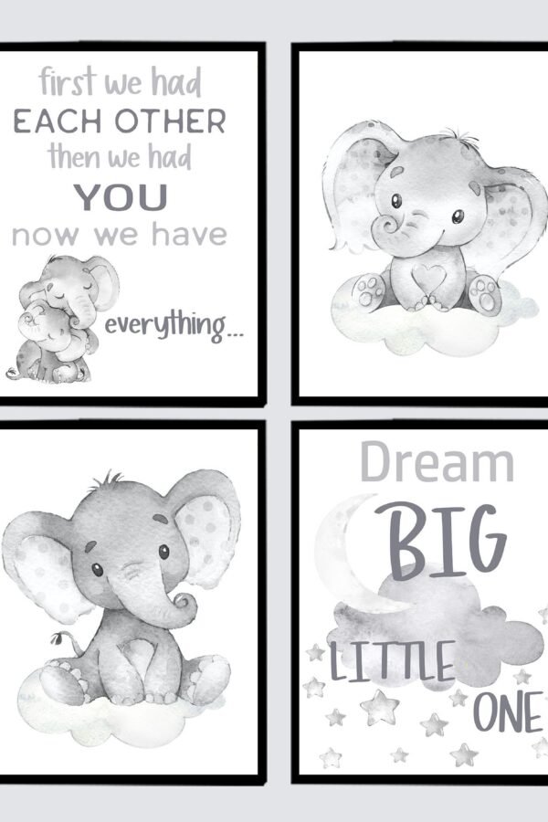 Gender Neutral Nursery Quotes Art Print Baby Elephant Wall Decor Dream Big Little One First We Had Each Gray Children Room Set Of 4 New Gift