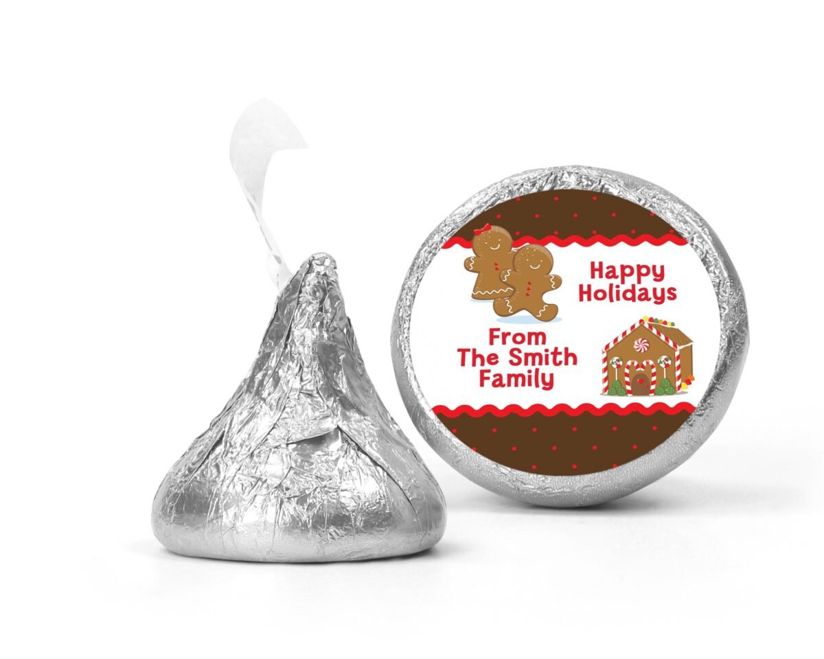 Gingerbread House Christmas Kiss Stickers, Personalized Party Chocolate Favor Labels, Holiday Classroom Candy Labels