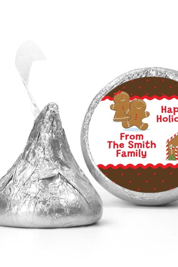 Gingerbread House Christmas Kiss Stickers, Personalized Party Chocolate Favor Labels, Holiday Classroom Candy Labels