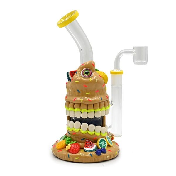 Glass Bubbler With Fixed Diffuser Downstem Water Pipe Bong,Hand Painted Colored Polymer Clay,Glow In Dark,Glass Smoking Pipes With Cartoon Fruit,Glass Hookah,9.4in