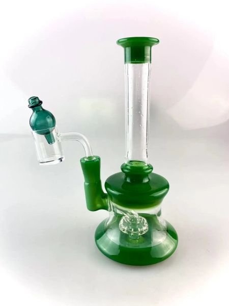 Glass drilling rig with recycler, green porcelain color, 6.5-inch high, 14mm connector, and a lake green bubble cap