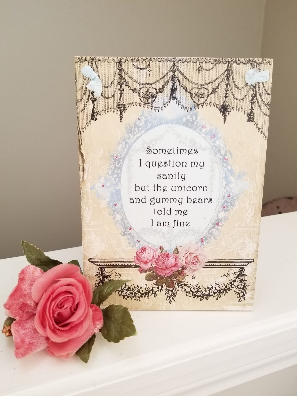 Glittered Wood Sanity Quote Sign 5" X 7" With Ribbon Hanger Great Gift