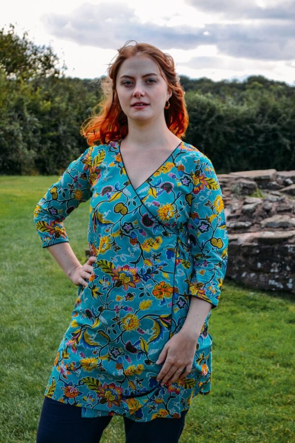 Goa Garden-Wrap Dress, Pure Cotton, Hand Block Printed, Bohemian, Beach, Holiday, Summer, Turquoise, Floral, Handcrafted, Ethical Fashion