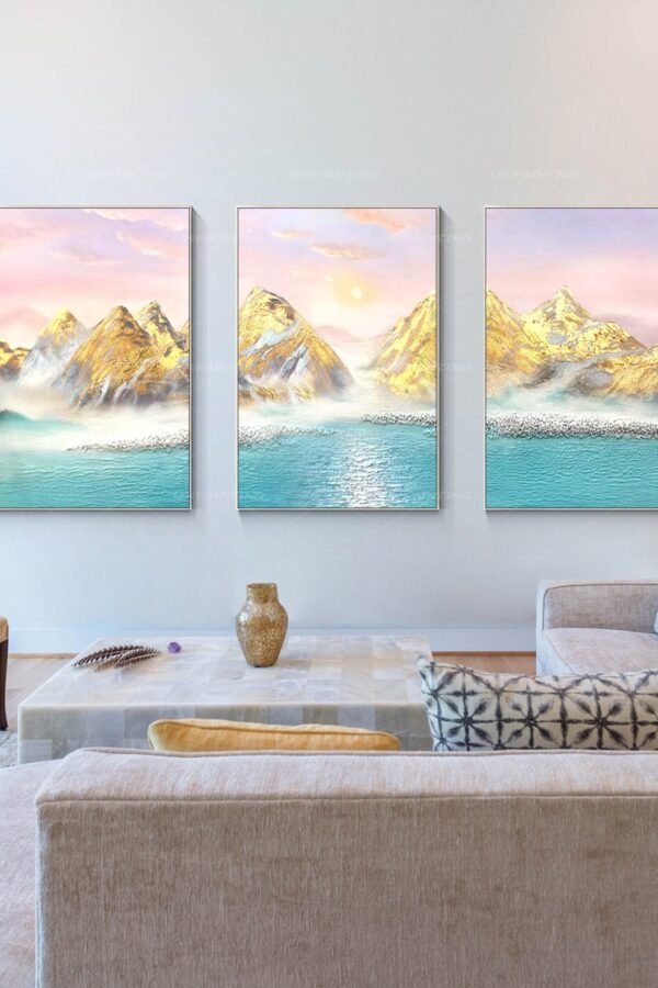Gold Mountain & Blue River Framed Canvas Art - Set Of 3 Abstract Landscape Paintings