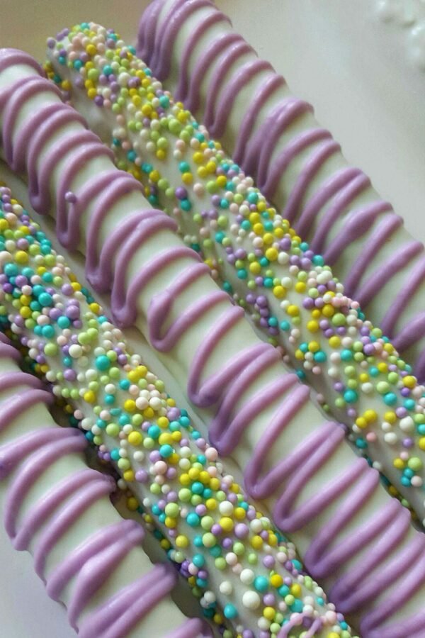 Gourmet White Chocolate Covered Dipped Pretzels Easter Treats Basket Baby Bridal Shower Party Event Favor Reception Decor Lavendar Spring