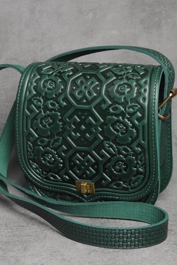 Green Leather Crossbody Bag Hot Tooled Embossed Purse