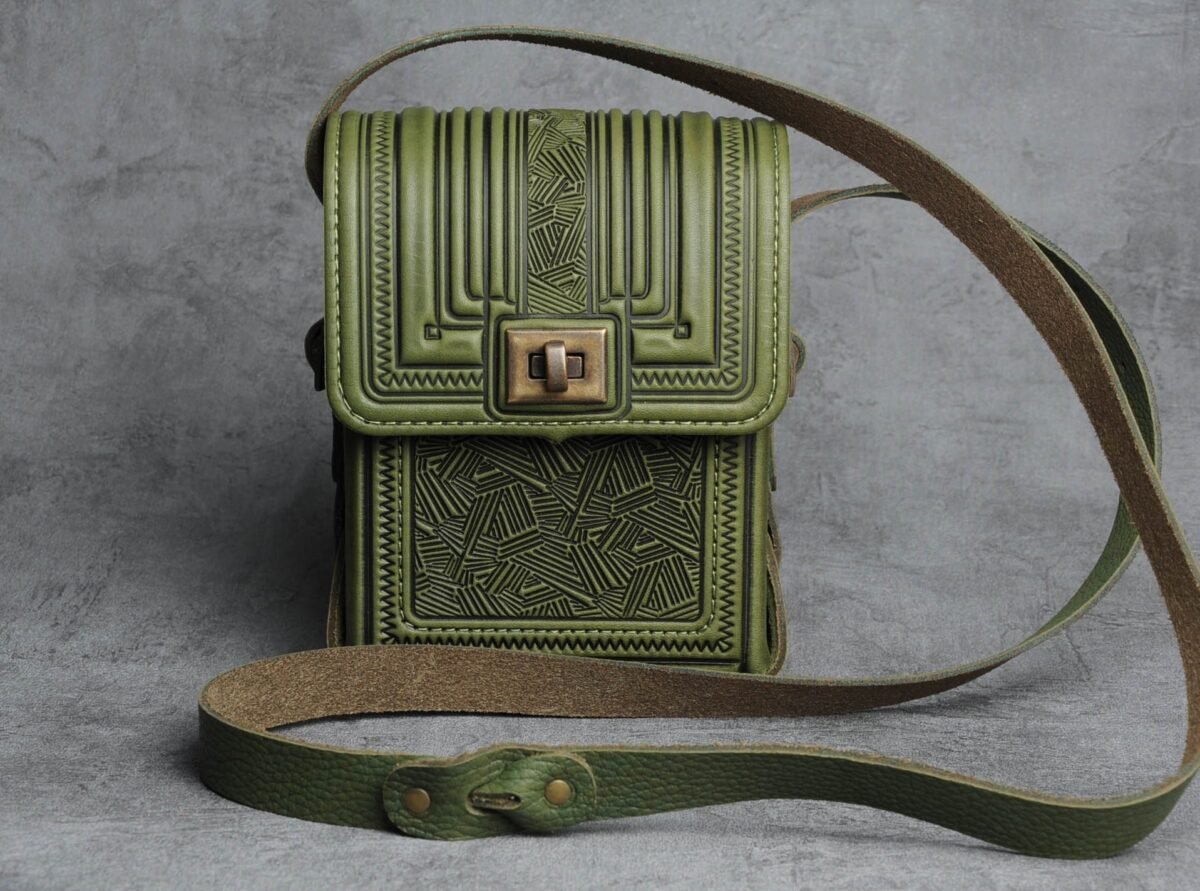 Green Leather Small Messenger Bag Handmade Shoulder Bag For Men