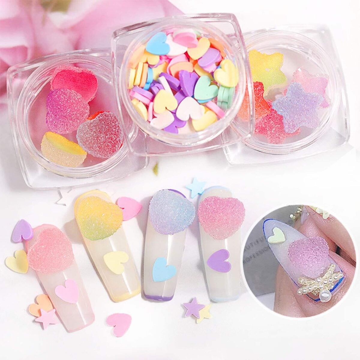 Gummy Bear Nails | 4 Boxes Faux Hearts Stars Sprinkles Candy Cabochons Slime Beads Jewelry Making Kid's Craft Mixed Color