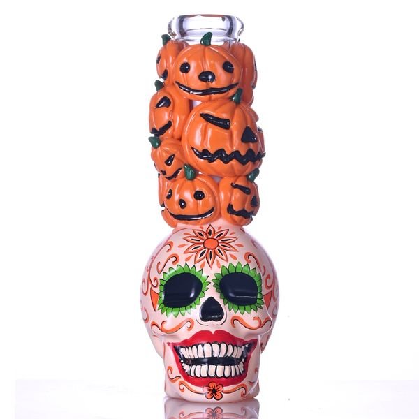 Hand Drawn Pumpkin & Colorful Skull Glass Beaker Bong,Cute Halloween Pumpkin,Borosilicate Glass Water Pipe With 14mm Bowl,Glass Hookah,Smoking Accessaries