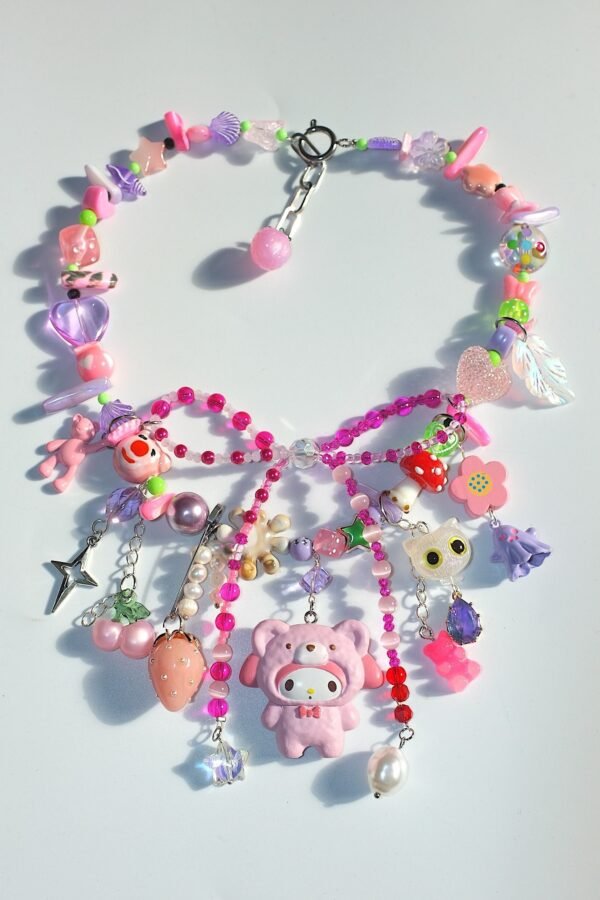 Hand Made Melody Strawberry Pink/Red Bow Necklace, Cherry/Kitty/Gummy Bear/Ghost/Star Crystal/Custom/Fairycore/Pink Lover.one Of A Kind