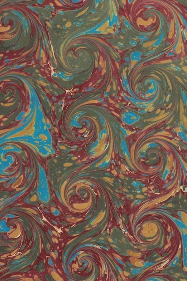 Hand Marbled Paper French Curl Pattern in Red, Green, Blue ~ Berretti Arts Italian Ipmb-Mrgr-456