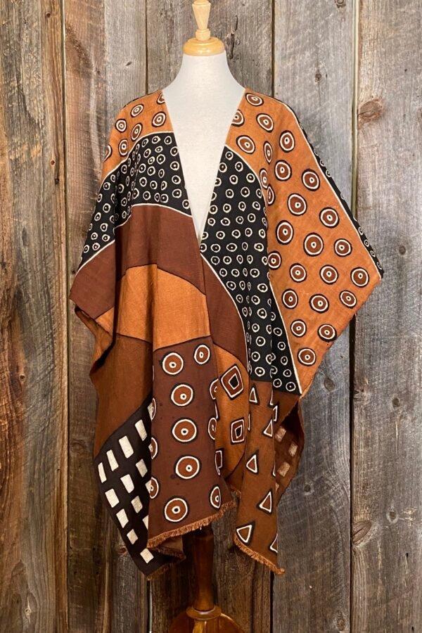 Hand-Painted Mudcloth Ruana Malian Bogolan Wrap, Earth Dyes | L-2x