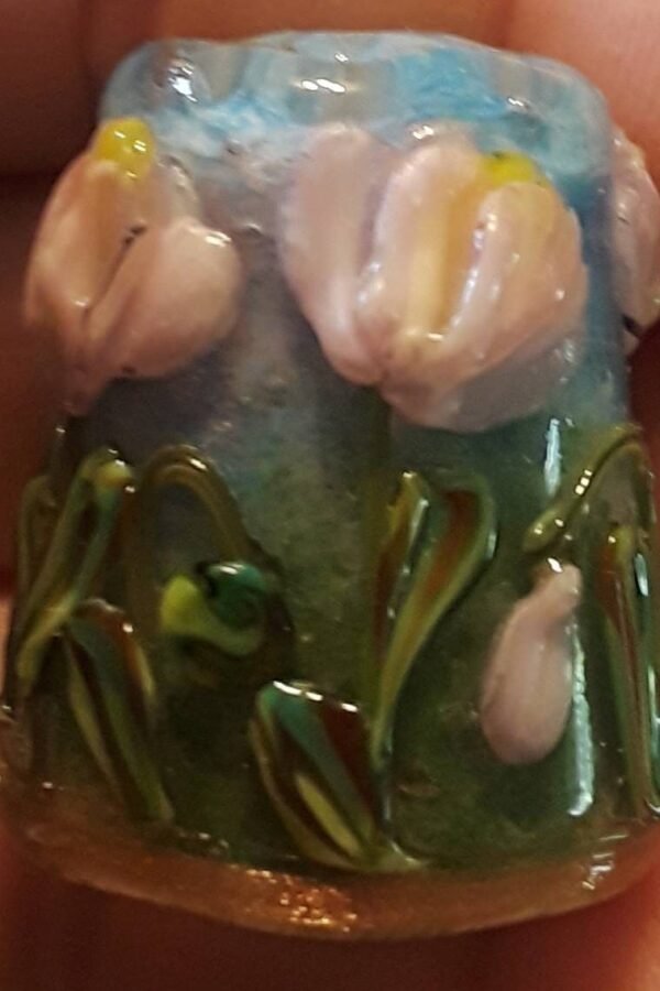 Handmade Lampwork Glass Thimble -Pink Poppies - Sra S105