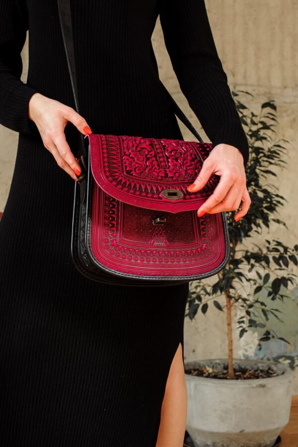 Handmade Tooled Leather Crossbody Bag Pink Oak Leaves Messenger