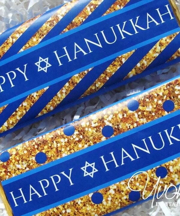 Hanukkah Candy Bar Wrappers Assembled With Chocolate Bars-Hanukkah Party Favor-Chanukah-Festival Of Lights-Blue & Gold Glitter-Jewish Star