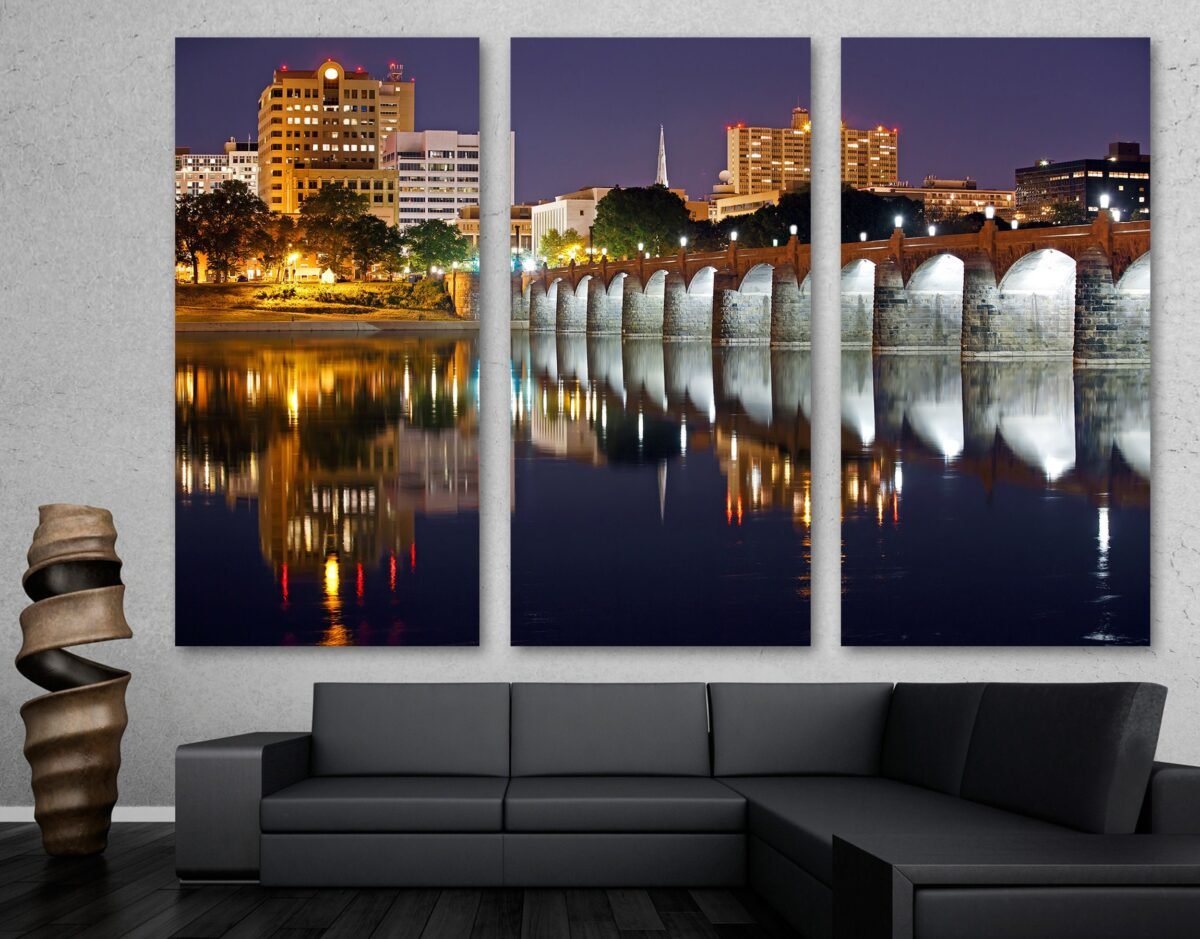 Harrisburg Pennsylvania At Wall Art Canvas Print, Pa Bridge Night Print - Giclee Home Art Decor, Wall Interior Design
