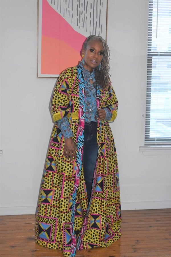 Harusi Kimono | Multi Color Full Length African Print Duster 3/4 Sleeve Yellow Navy & Aqua Mix Robe Outfits For Women