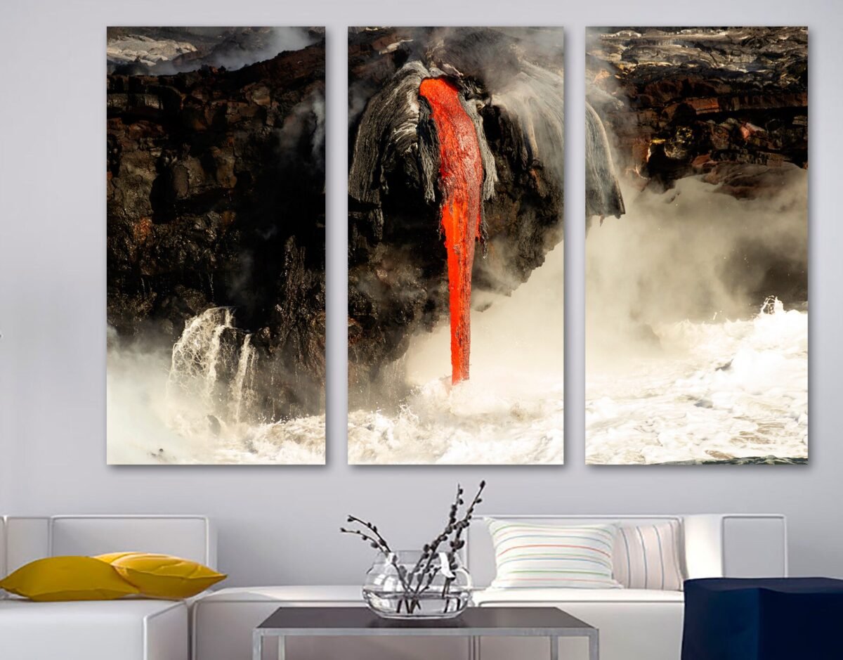 Hawaii Lava Waterfall Wall Art Canvas Print. Flowing Into Ocean, Kilauea Nature - Giclee Home Decor, Interior Design