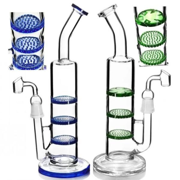 Honeycomb Perc Glass Bongs Smoking Pipes 3 Layer Blue Green Glass Water Pipe Thick Hookah Dab Rigs