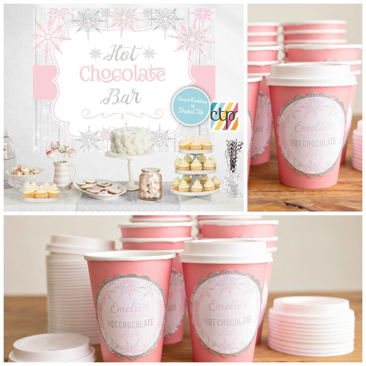 Hot Choco Cups, Chocolate Bar, Girl Winter Onederland, Wonderland, 1st Birthday Party, Bar