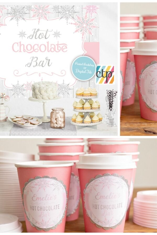 Hot Choco Cups, Chocolate Bar, Girl Winter Onederland, Wonderland, 1st Birthday Party, Bar