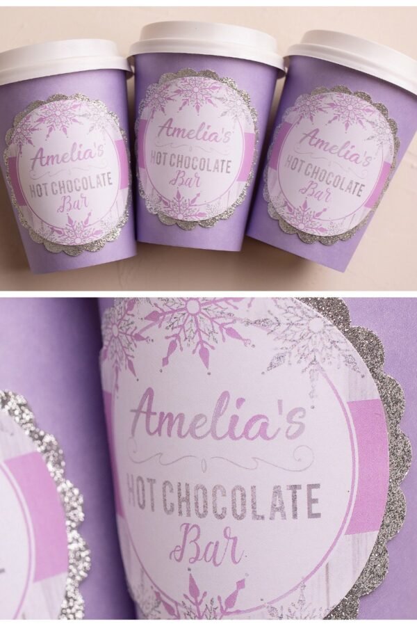 Hot Cocoa Cups, Girl Winter Onederland, Wonderland, 1st Birthday Party, Chocolate Bar, Lavender & Silver