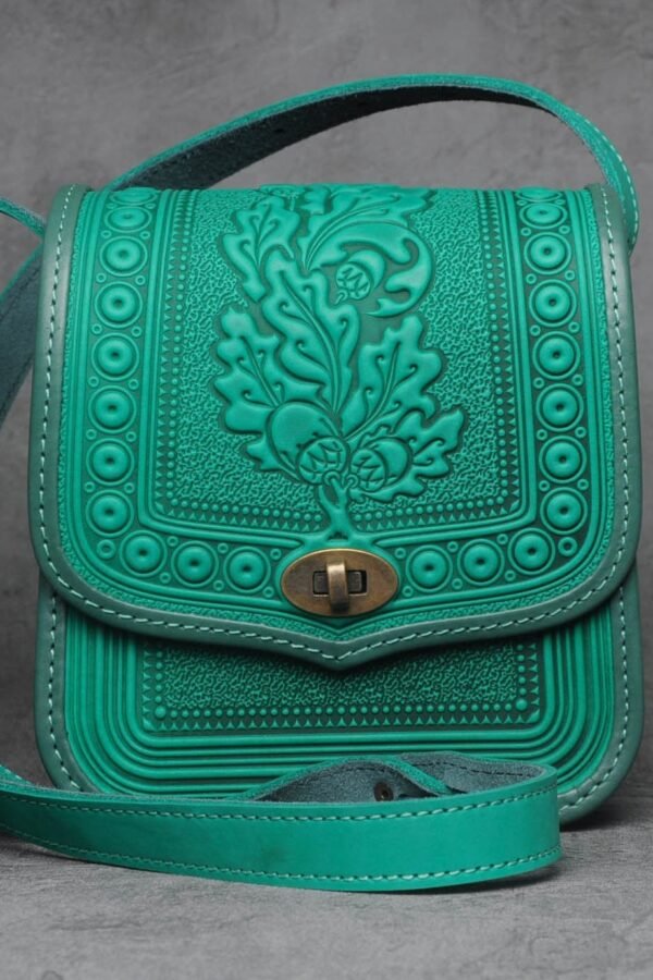 Hot Tooled Leather Crossbody Bag Turquoise Oak Leaf Purse