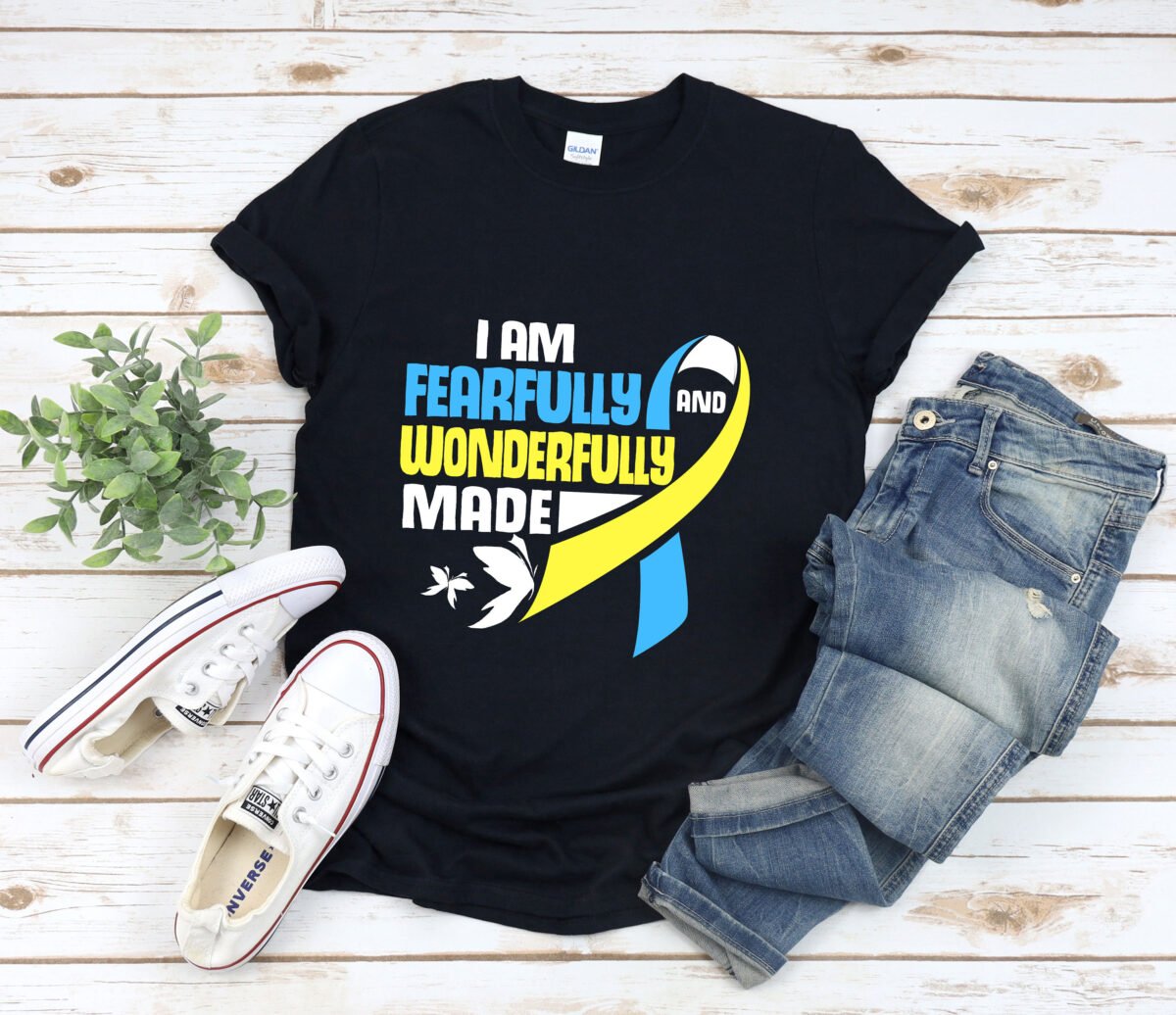 I Am Fearfully & Wonderfully Made Tshirt, Down Syndrome Shirt, Awareness Blue Yellow Ribbon, Trisomy 21, T21
