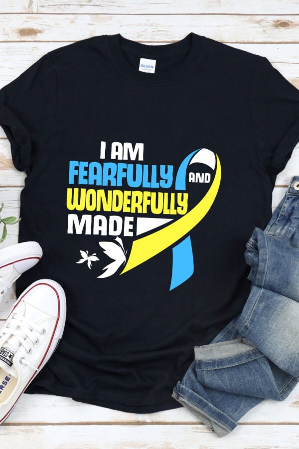 I Am Fearfully & Wonderfully Made Tshirt, Down Syndrome Shirt, Awareness Blue Yellow Ribbon, Trisomy 21, T21