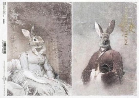 Itd Collection Mr. & Mrs. Rabbit Portrait Lll Rice Paper Decoupage Size A4 For Decoupage, Art Journals, Collage, Mixed Media, Scrapbooking