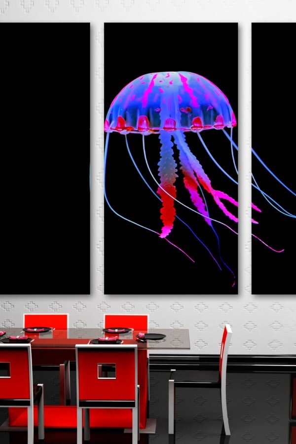 Jellyfish Digital Wall Art Marine Life Canvas Print On Black Background. Purple-Blue - Giclee Home Wall Decor Interior Design