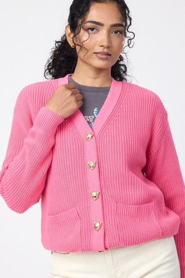 Joanie Clothing Piper Leopard Button Chunky Knitted Cardigan - Pink-XXL UK XL (US 20-22)