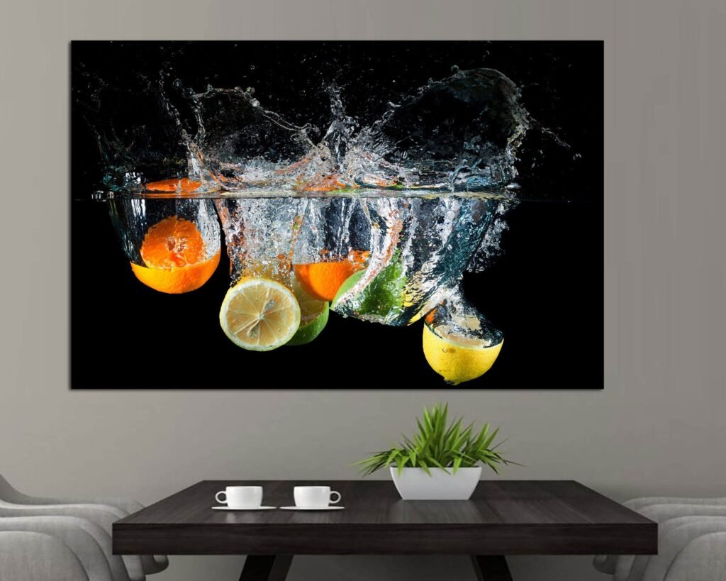 Kitchen Wall Decor, Citrus Fruit in Water, Splash Food Art, Restaurant Decor Healthy Nature Wall Art On Canvas Ready To Hang