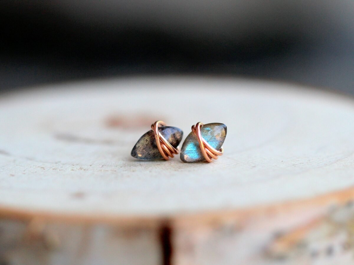Labradorite Gold Studs, Point Stud Earrings, Rose Or Silver Wrapped Gemstone Boho Jewelry