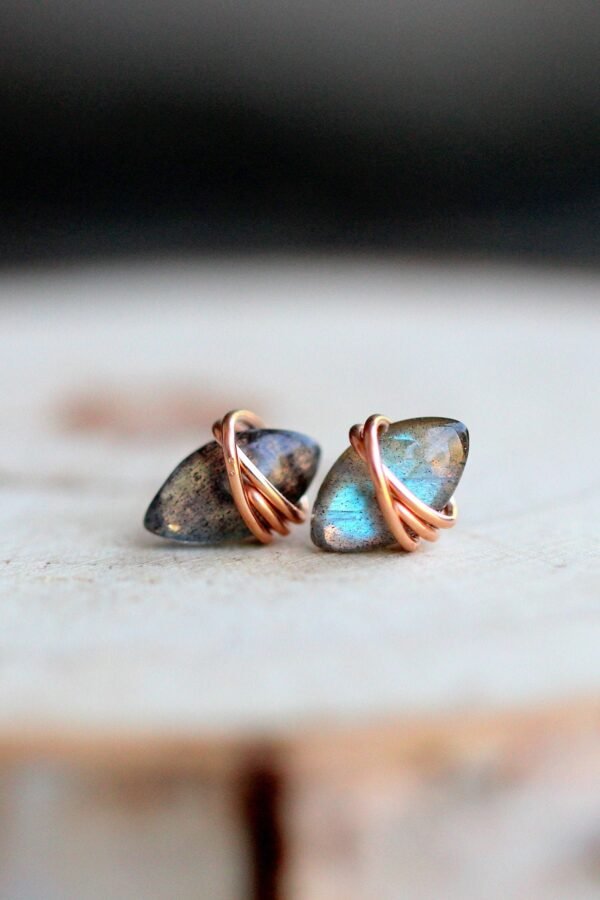 Labradorite Gold Studs, Point Stud Earrings, Rose Or Silver Wrapped Gemstone Boho Jewelry