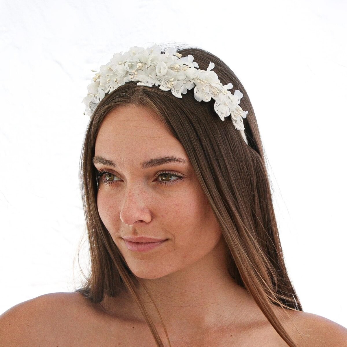 Lace & Flower Wide Wedding Headband, Vintage Floral Crown in White