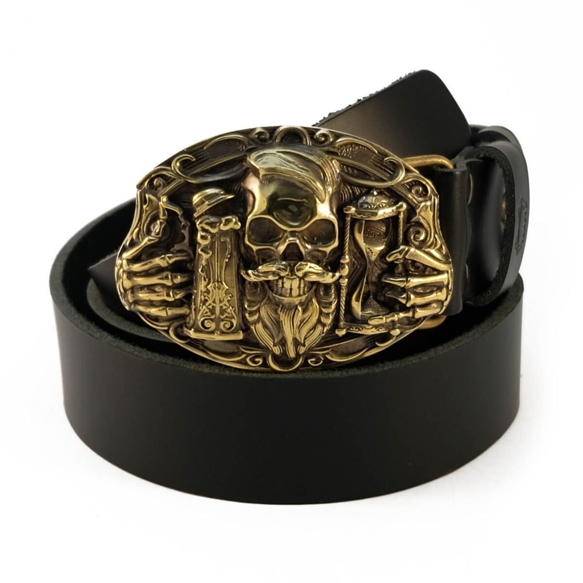 Leather Belt With Beer Mug & Skull Buckle, Beer Fans Brewers Gift Solid Brass German Silver Buckle On Leather