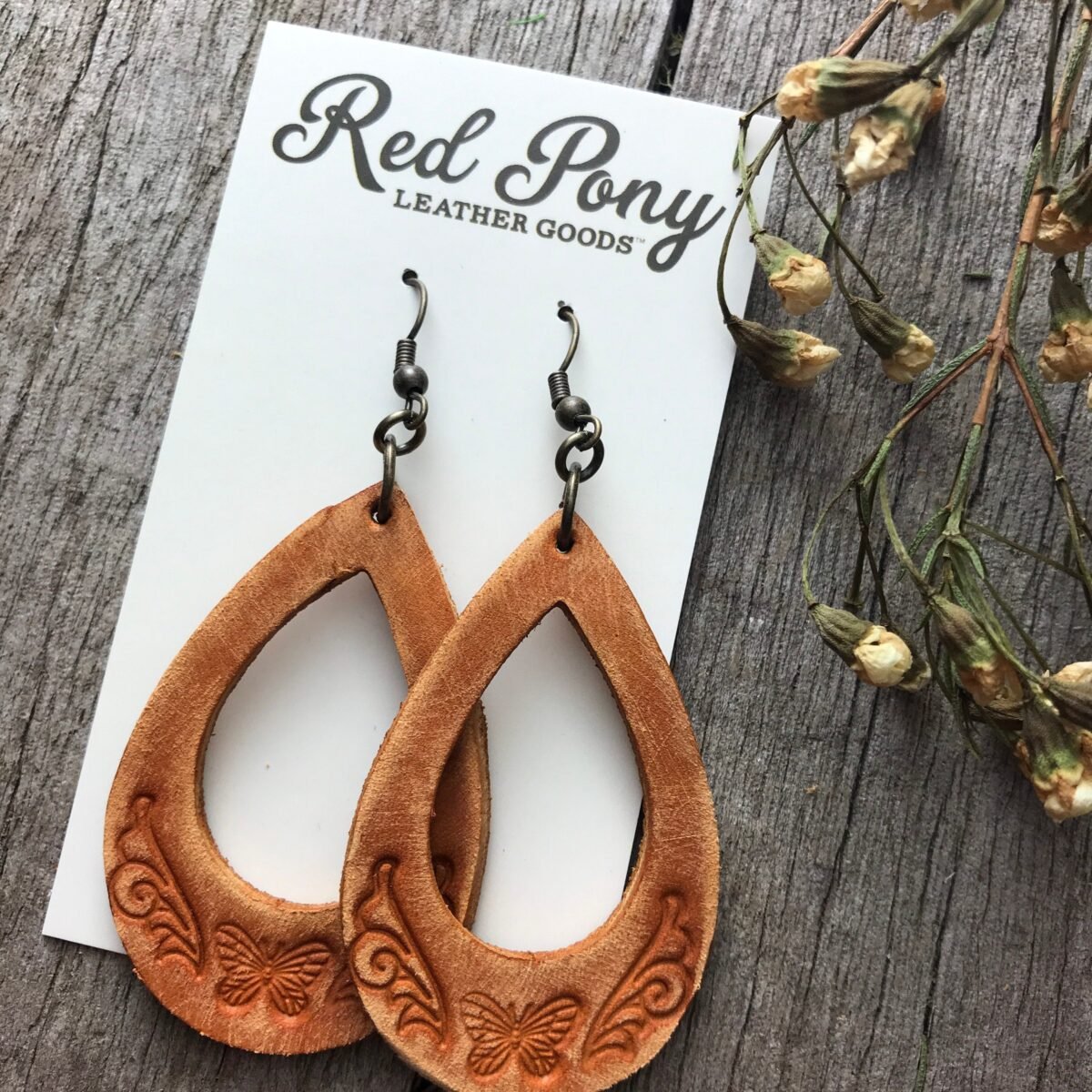 Leather Butterfly Teardrop Earrings With Rustic Finish in Caramel Brown, Whiskey Chocolate Brown Or Teal
