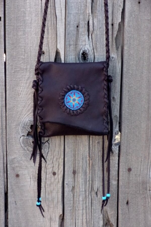Leather Handbag, Chocolate Brown Crossbody Phone Bag, Beaded Handbag, Case, Sunburst