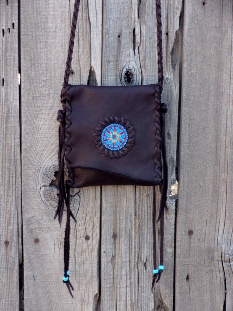 Leather Handbag, Chocolate Brown Crossbody Phone Bag, Beaded Handbag, Case, Sunburst