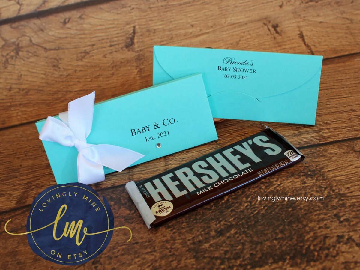 Light Teal Chocolate Bar Favor Boxes Custom Printed - Aqua & White Baby Shower, Birthday Party, Graduation