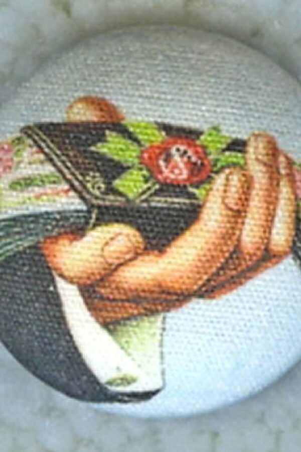 Lilac Bow Yoke Fabric Covered Button Of A Hand Holding Wallet Currency-From The 1990S-Ly16, Buttons, Button, Money