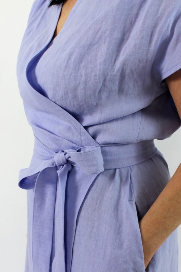 Long Wrap Washed Linen Loose Lilac Blue Dress With Pockets & Short Sleeves Perfect For Summer, Matutu Linen Style