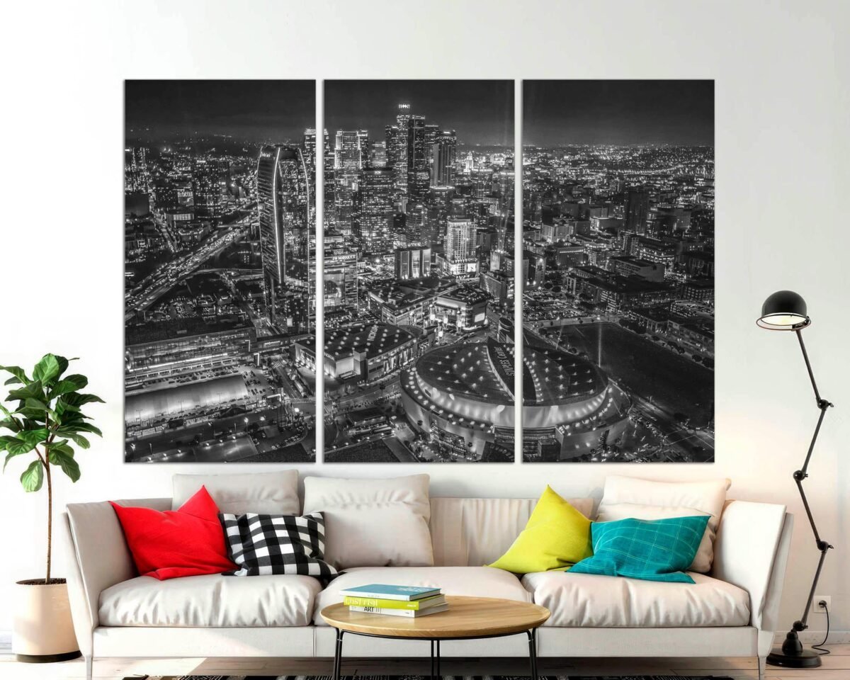 Los Angeles Staples Center Canvas Wall Art 3-Panel La Downtown Night Skyline Print Large Sports Decor, Perfect Office Ready To Hang