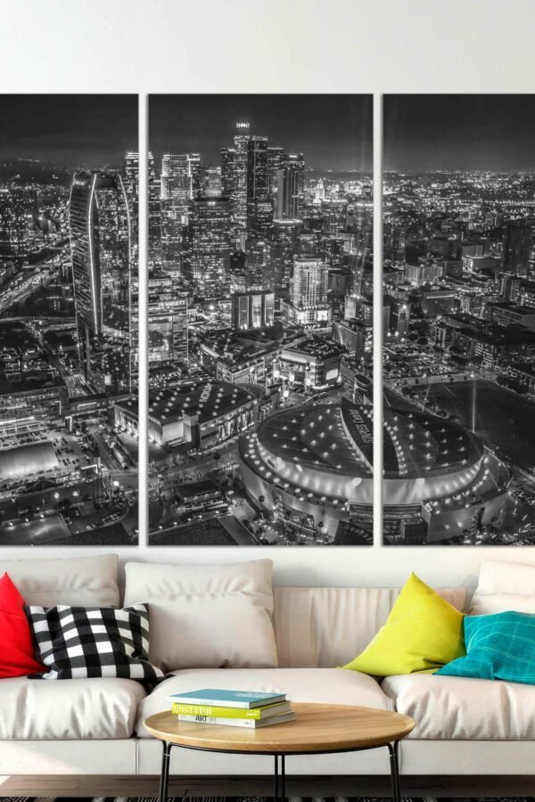 Los Angeles Staples Center Canvas Wall Art 3-Panel La Downtown Night Skyline Print Large Sports Decor, Perfect Office Ready To Hang