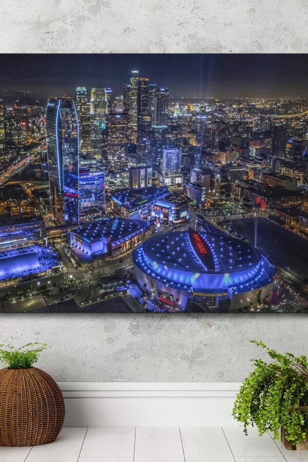 Los Angeles Staples Center Canvas Wall Art Large La Downtown Night Skyline Print Sports Decor, Perfect Office Ready To Hang