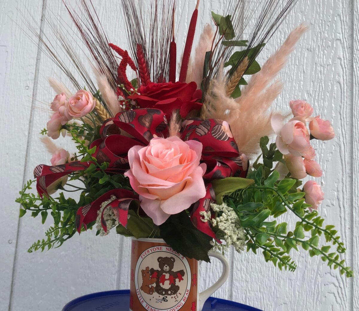 Loving Bear Mug Silk Flower Arrangement Mothers Valentines Day Rose Red Pink Birthday W Chocolate Candy Pieces Bow Custom Arrangements