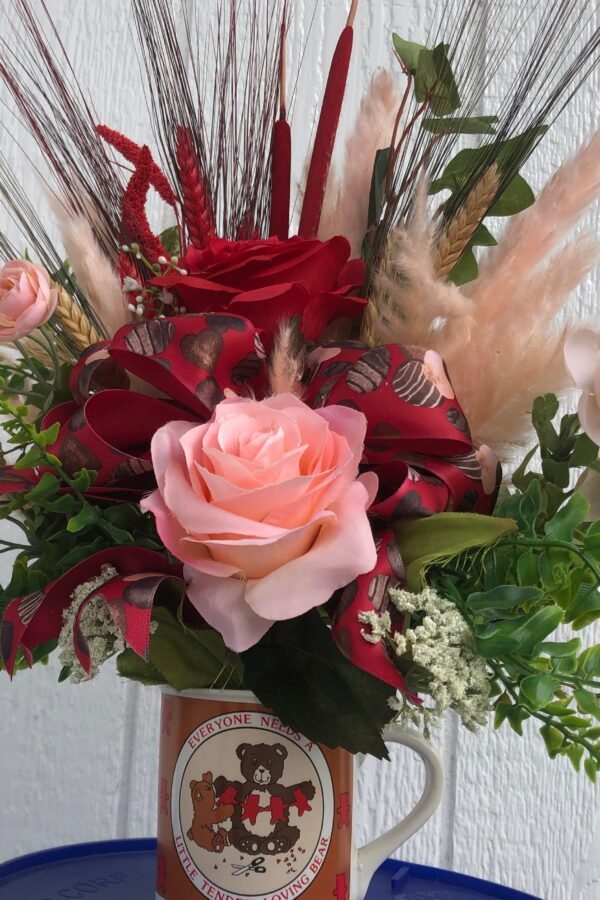 Loving Bear Mug Silk Flower Arrangement Mothers Valentines Day Rose Red Pink Birthday W Chocolate Candy Pieces Bow Custom Arrangements
