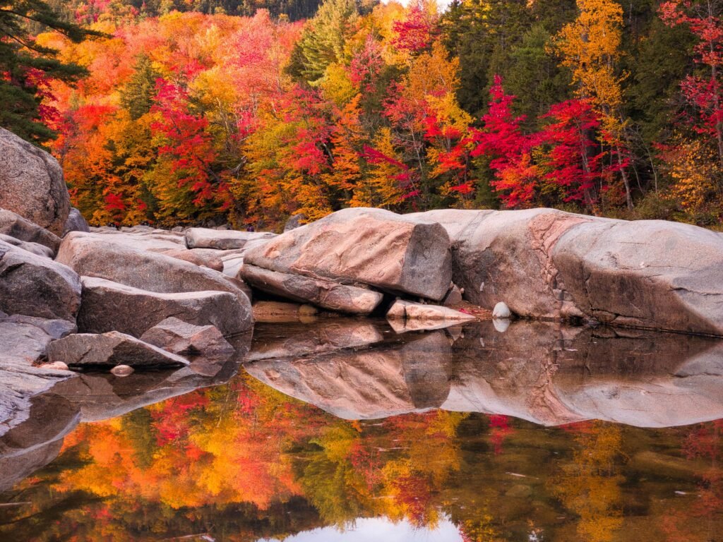 Lower Falls Fall Foliage Reflection On The Kancamagus Highway | New England Hampshire in Autumn White Mountains